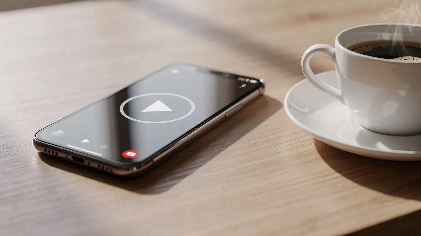 A smartphone rests on a desk, showing a video play button notification on its screen, beside a steaming coffee cup. This scene suggests a moment of engagement, possibly for a sales demo or product presentation, where the user might be preparing to showcase features and solutions to potential customers.