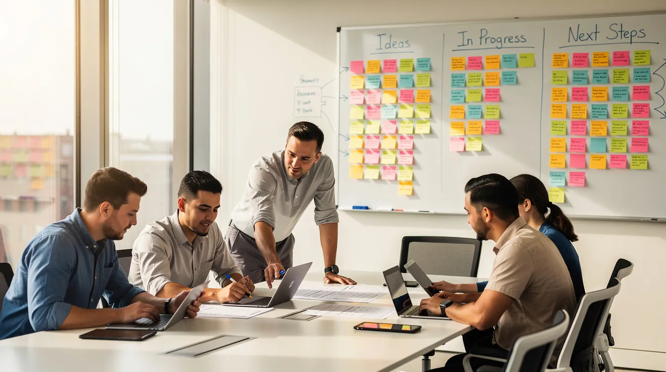 A diverse team of professionals is gathered around a conference table, actively reviewing notes and discussing a whiteboard filled with sticky notes related to their sales demo agenda. They appear engaged in conversation, focusing on key points to enhance their sales process and improve the effectiveness of their product demos for prospective customers.