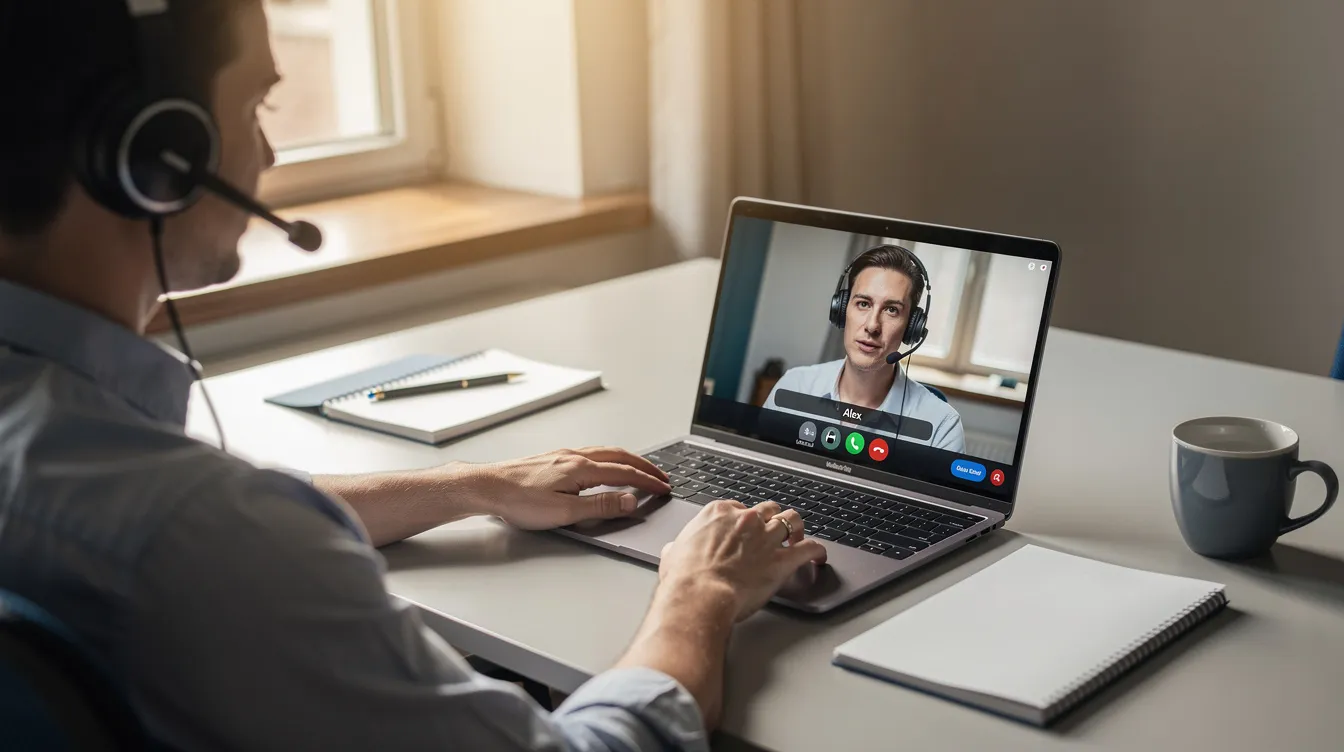 A person is seated at a desk wearing a headset, engaged in a video call with a remote participant visible on their laptop screen, likely discussing a sales demo to showcase their product's features and value to a prospective customer. The setting reflects a professional demo environment where the sales rep is prepared to answer questions and highlight key points to build trust and close deals effectively.