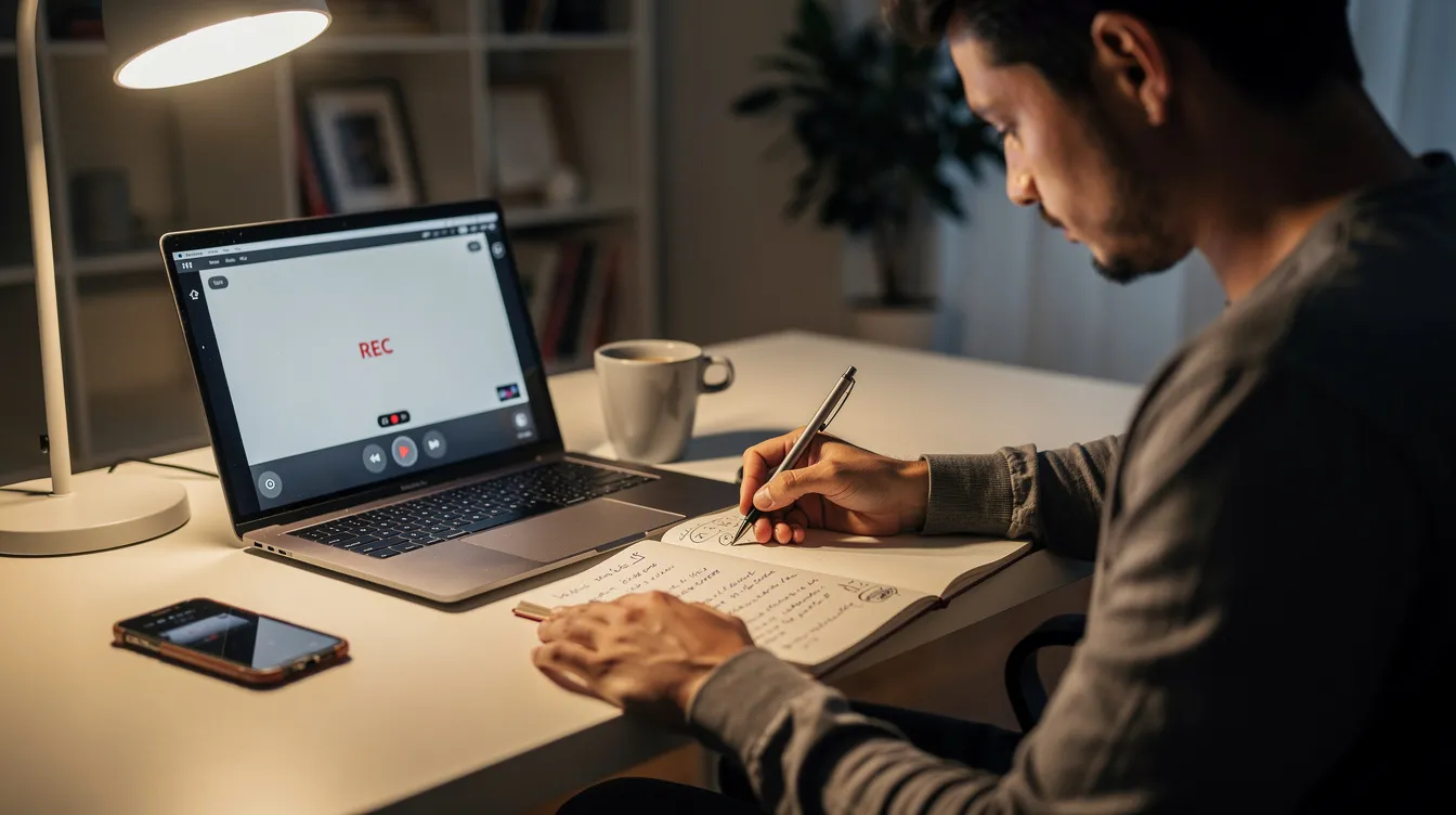 The image shows a person intently recording their laptop screen while simultaneously taking notes, illustrating a productive session of video content creation. This scene captures the essence of engaging videos and instructional design, highlighting the user's focus on creating high-quality videos.