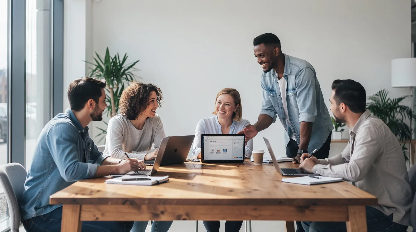 A diverse team collaborates around laptops in a bright, modern office, engaging in video creation and brainstorming ideas for high-quality videos. The atmosphere is dynamic and focused, highlighting the importance of teamwork in content creation and professional video production.