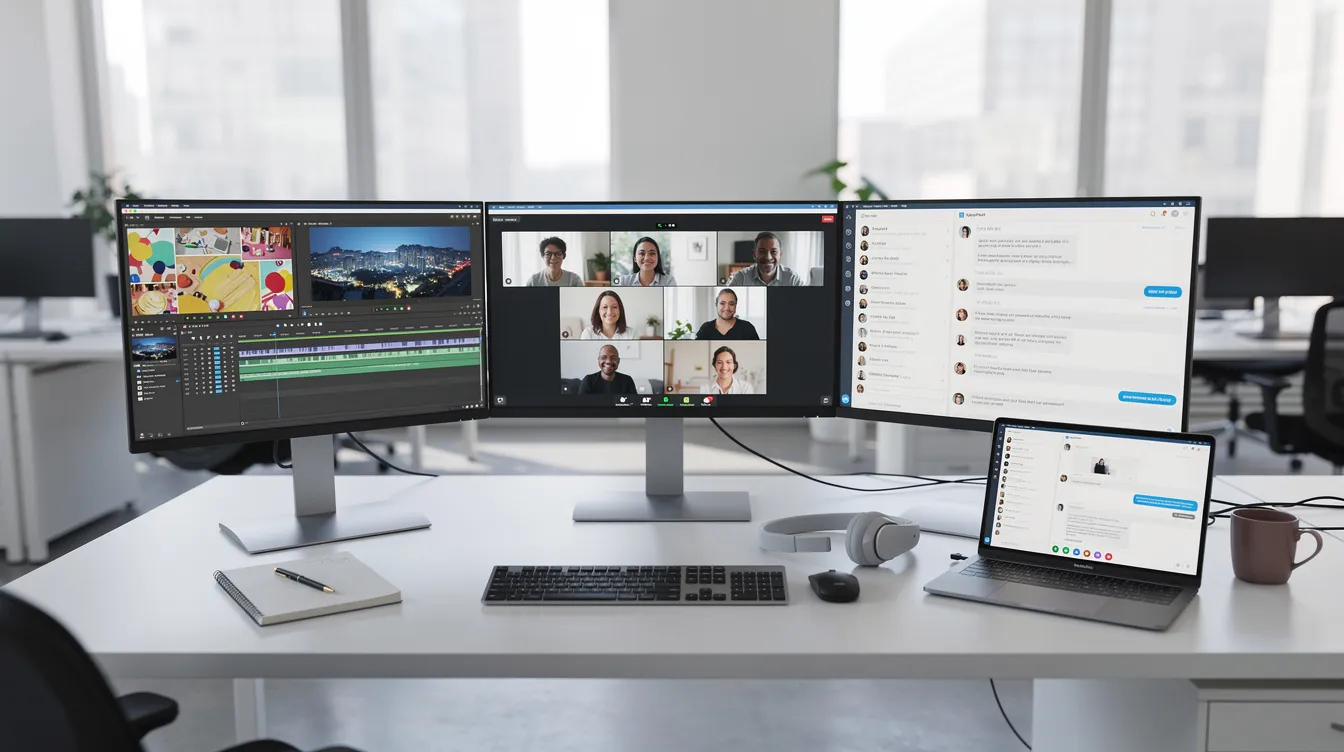 The image depicts a modern workspace featuring multiple computer screens, each displaying video content alongside team chat windows, ideal for collaboration. This setup is perfect for utilizing screen recording tools to create instructional videos and product demos, showcasing the best loom alternatives for effective communication.