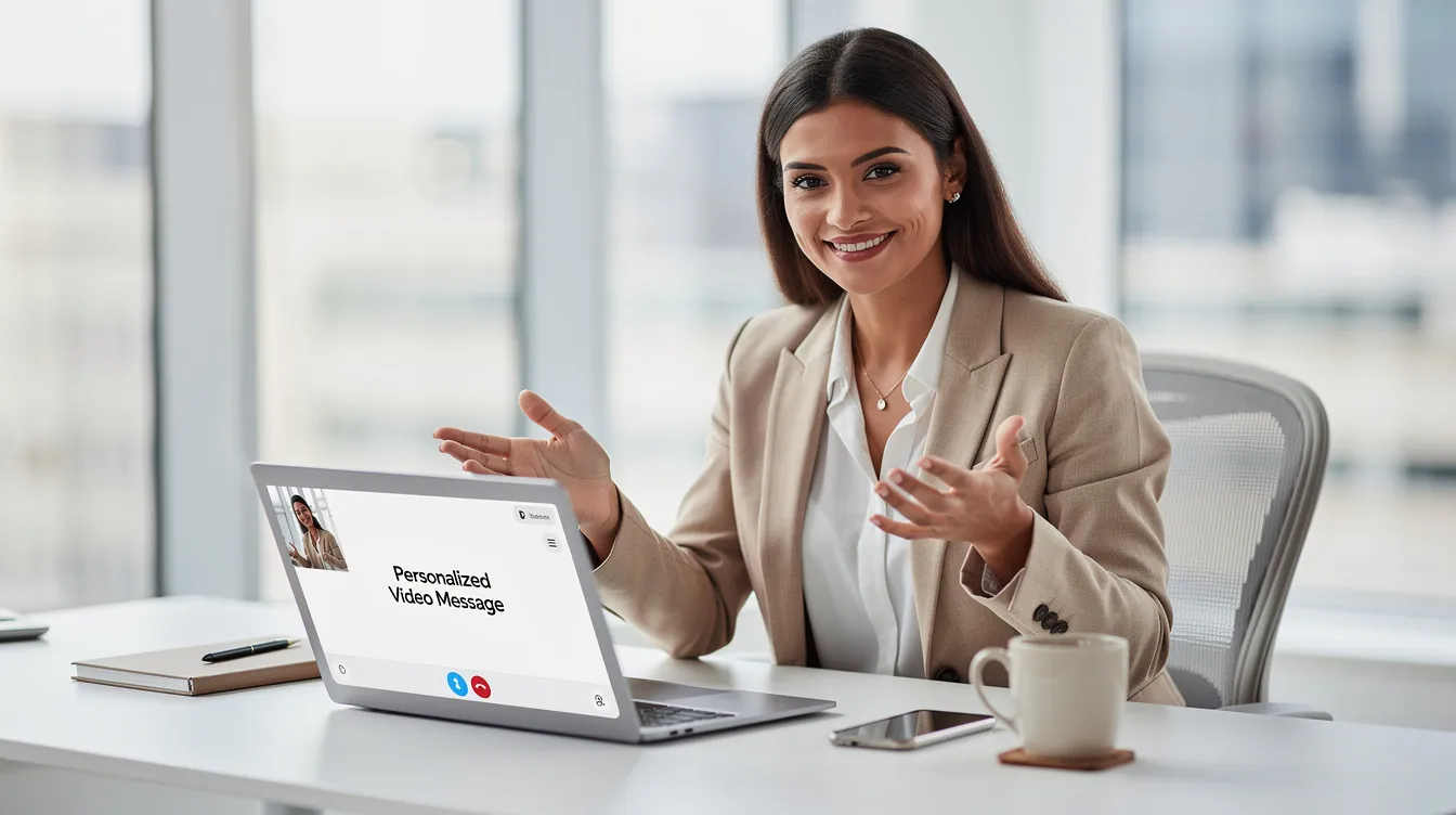 A sales professional is seated at a clean desk, recording a personalized video message on a laptop, utilizing screen recording software. The setup suggests a focus on creating engaging sales videos, highlighting the importance of effective communication in sales teams.