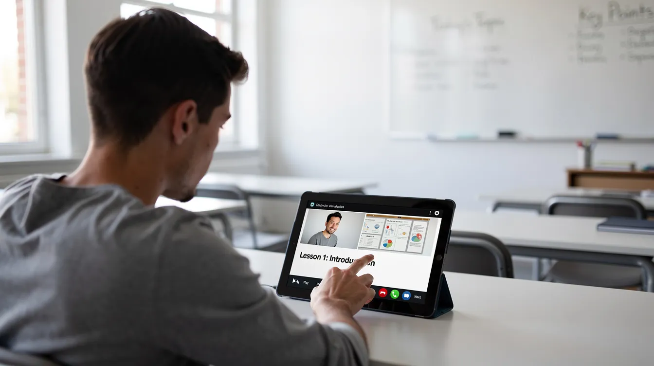 A person is seated at a desk in a bright classroom, intently watching an educational video tutorial on a tablet, which showcases advanced editing tools and screen recording capabilities. The environment is vibrant and conducive to learning, highlighting the use of video recording for instructional purposes.