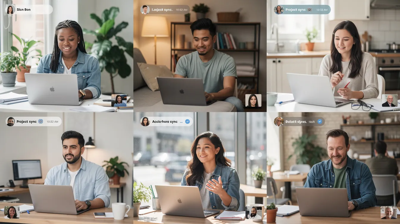 The image shows a diverse remote team engaged in an asynchronous video conversation on their laptops from various locations, highlighting the use of screen recording tools for collaboration. Each team member appears focused, utilizing advanced editing tools and free screen recording software to enhance their communication and share ideas effectively.