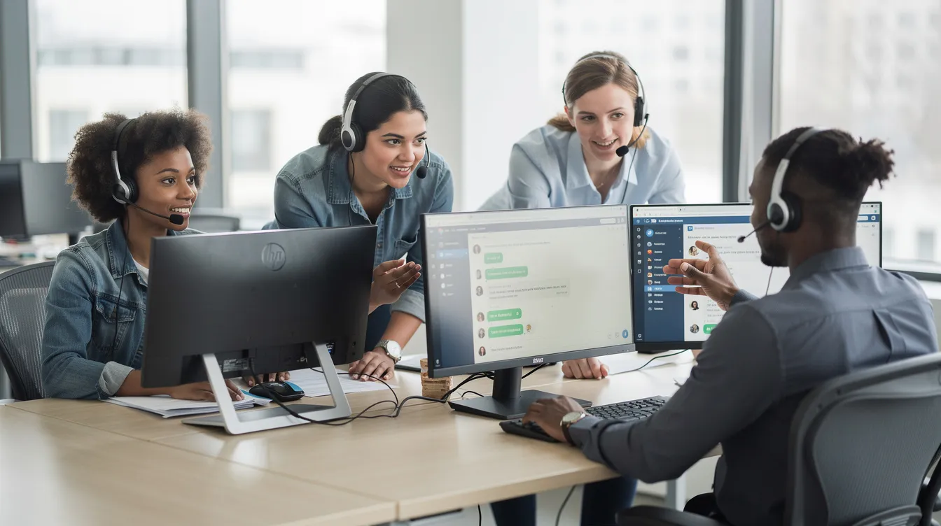 A modern office scene shows a support team collaborating at desks, each equipped with headsets and multiple monitors. The employees are engaged in their work, likely utilizing SOP management software and training materials to ensure effective communication and routine task execution.