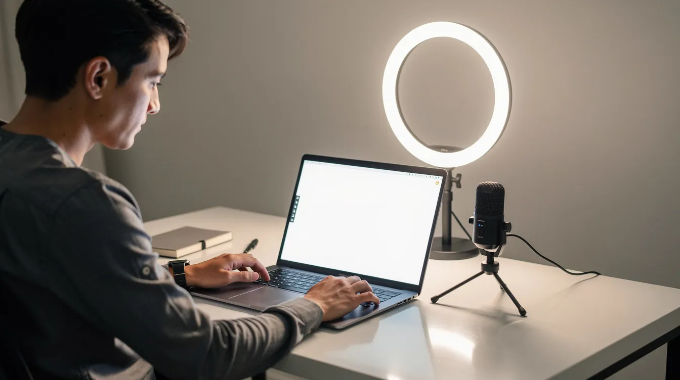 A person is recording their laptop screen while using a microphone and a ring light, set up on a clean desk, likely creating training videos or sop videos to document standard operating procedures for new employees. The scene suggests a focus on producing effective sop videos with clear audio and visual aids for better understanding of complex processes.