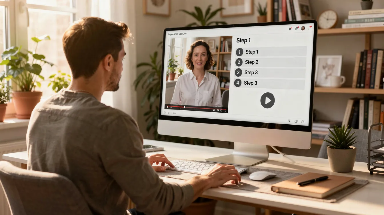 A person is seated at a desk in a bright home office, attentively watching a step-by-step tutorial video on a large monitor. The video serves as effective training material, providing clear instructions for a specific task, ideal for new employees to understand complex procedures and improve operational efficiency.