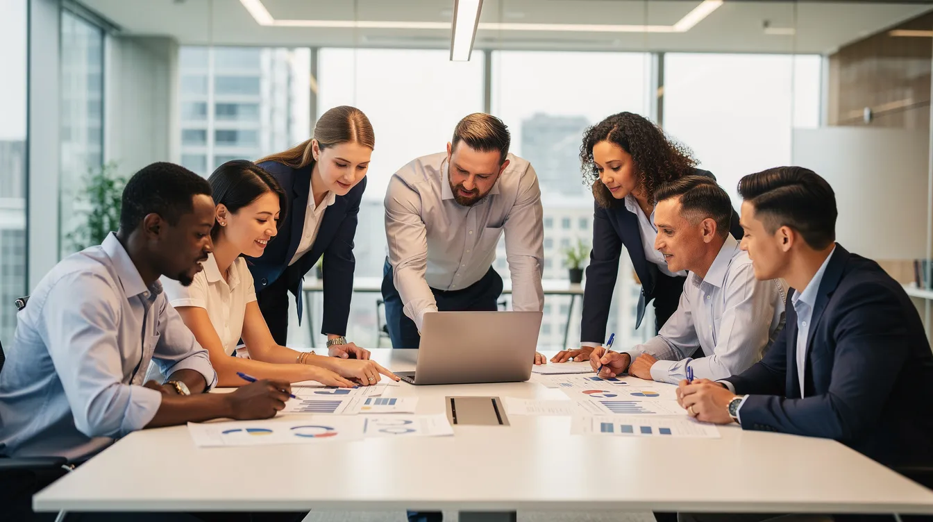 A diverse team is gathered around a conference table, collaborating on documents and a laptop, discussing standard operating procedures and training materials to enhance their understanding of business processes. They are focused on creating effective SOPs and training videos to streamline their workflows and improve operational efficiency.